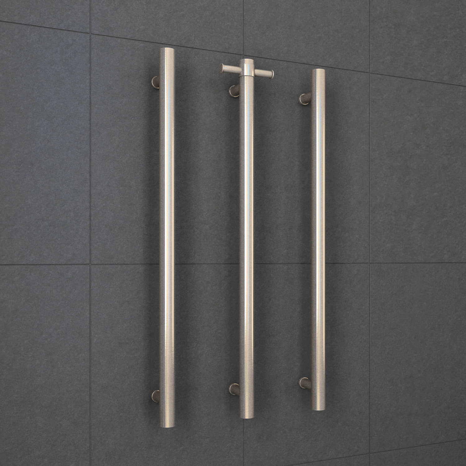 Brushed nickel Single heated towel rail from Infinity Plus bathrooms deliver AU wide
