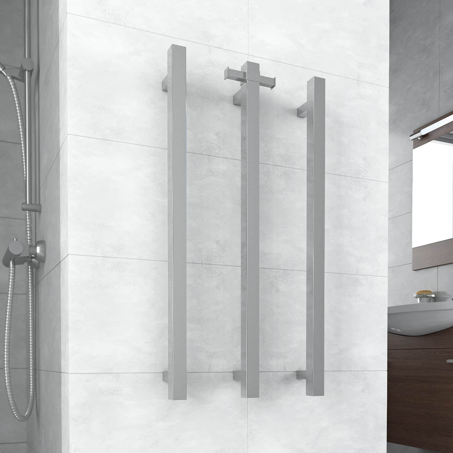 Square Single heated towel rail from Infinity Plus bathrooms deliver AU wide
