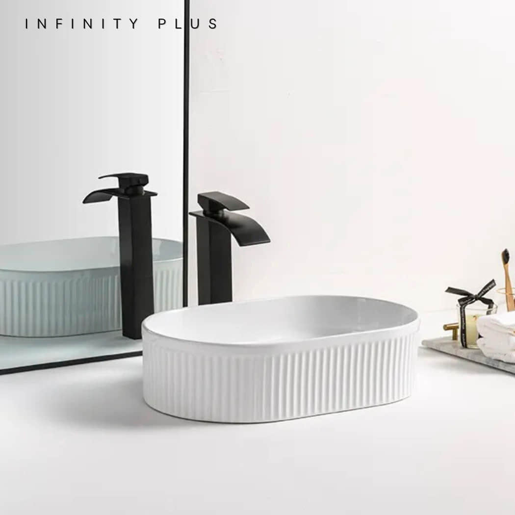 Shop 2025 the latest flute-designed Matte White Oval Above Counter Basin from Infinity Plus Bathrooms. Best Price Guarantee.